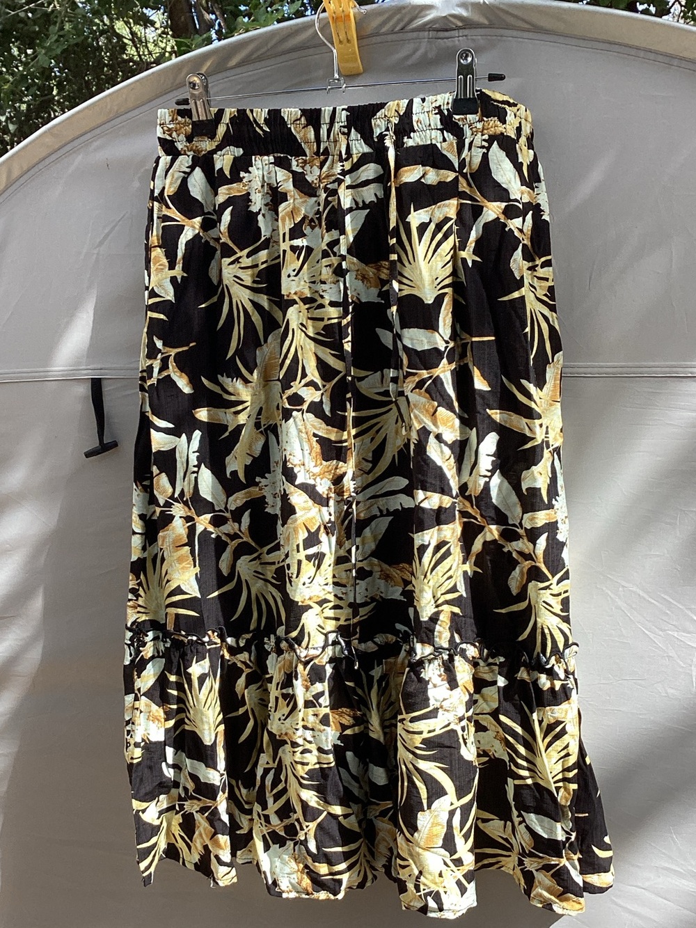 Black Floral Tiered Maxi Skirt with Yellow and Cream Leaf Print